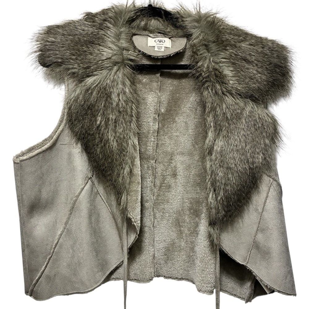 Faux Suede & Faux Fur Vest w/ Tie Closure. 80% acrylic 20% polyester.